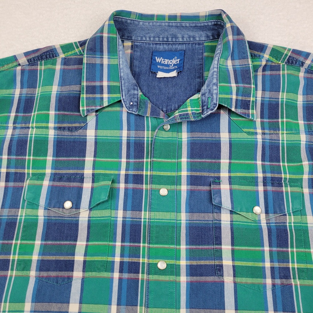 Wrangler Brushpopper Long Sleeve Pearl Snap‎ Shirt Measures 4X Big Plaid Rodeo